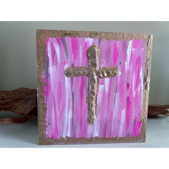 Gold Cross Wood Painting Hand Painted 5x5 Block White Raised Cross Pink Style - Picture 2 of 9